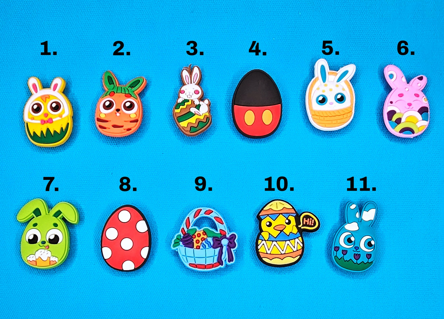 Easter themed croc charms, bunny Easter basket, decorated eggs, Easter chicks cartoon character festive occasion