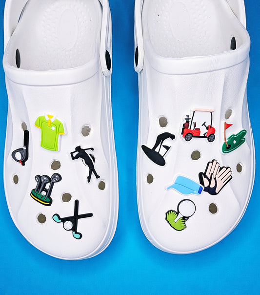 Croc Charm Pin Badge golf golf-themed charms, golf lovers, golf balls, tees, clothes, golf gloves, hat, golf clubs,  cute charms