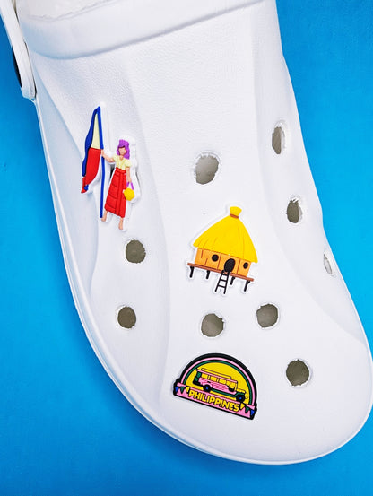 Croc Charm Badge Philippines, holiday attractions, bus, food, ice cream, culture, traditional houses, boats, bahay kubo balatik  cute charms