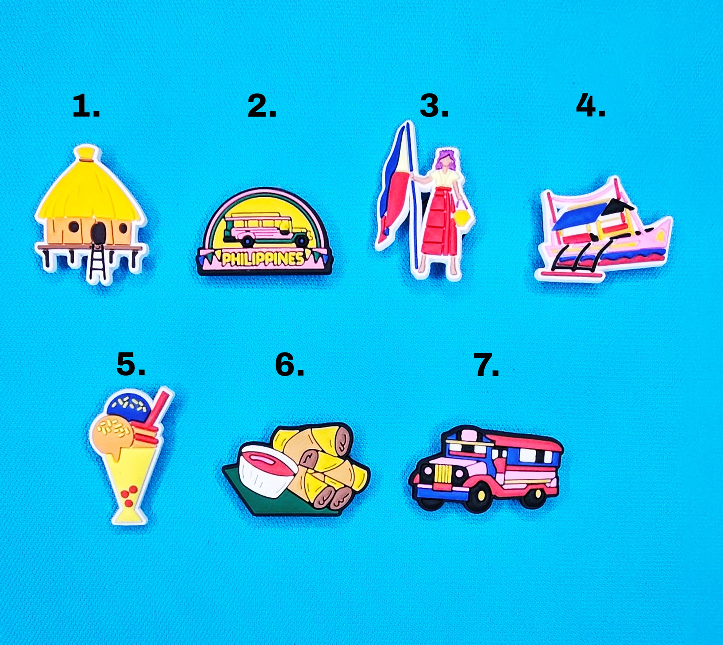 Croc Charm Badge Philippines, holiday attractions, bus, food, ice cream, culture, traditional houses, boats, bahay kubo balatik  cute charms