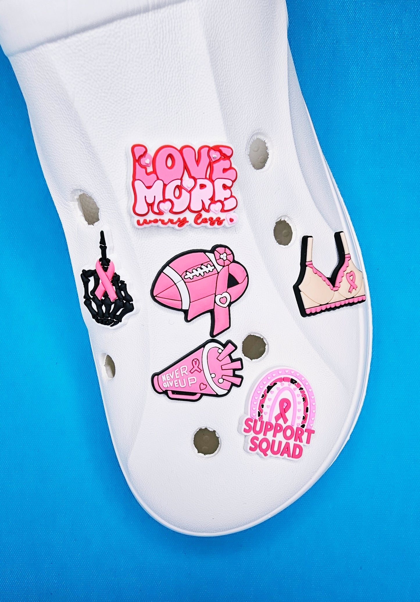 Croc Charm Badge Love more, jar with hearts, survivor, support squad, pink ribbon, womens support, breast cancer cute charms