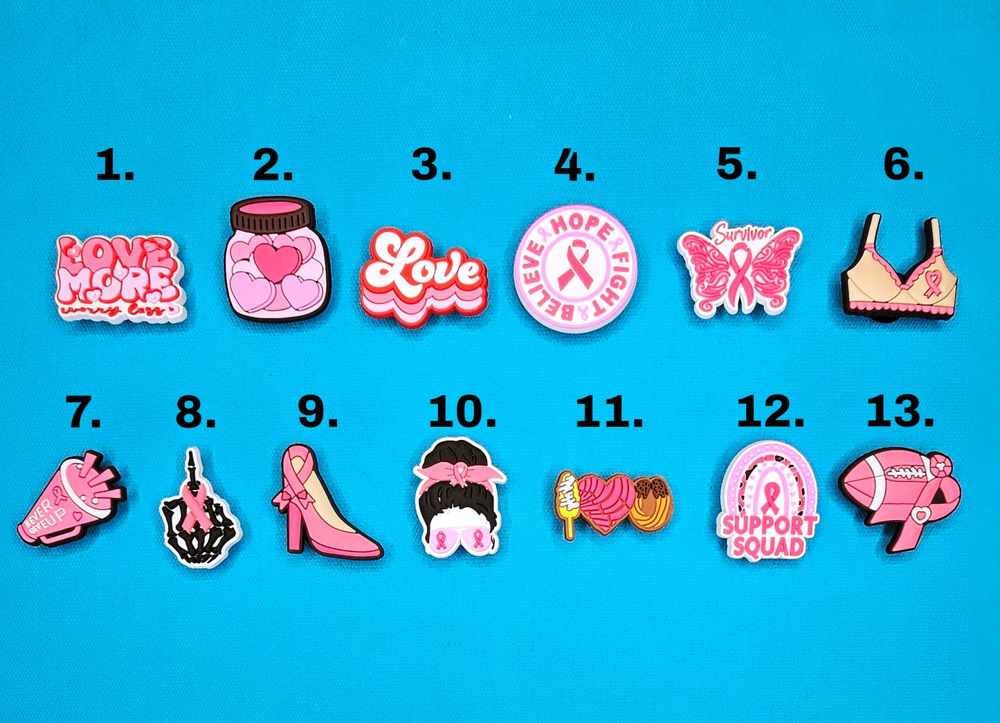 Croc Charm Badge Love more, jar with hearts, survivor, support squad, pink ribbon, womens support, breast cancer cute charms
